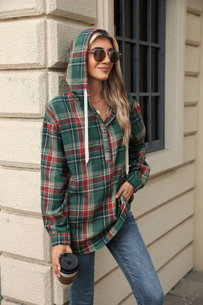 Women’s Plaid Hooded Sweatshirt: Buttoned, Loose Fit, Long Sleeve, Casual Sport Top