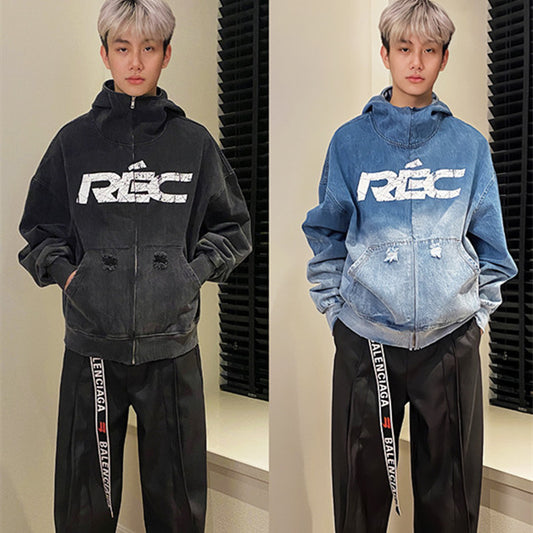 Maychao Heavy Washed And Worn Destroyed Denim Jacket