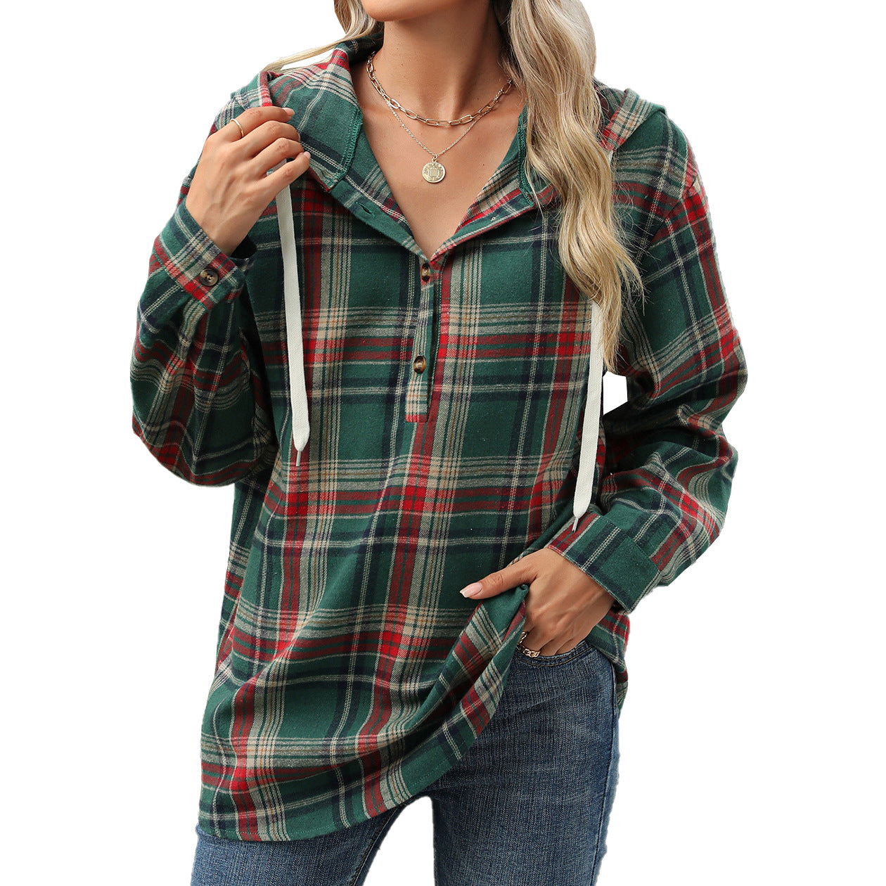 Women’s Plaid Hooded Sweatshirt: Buttoned, Loose Fit, Long Sleeve, Casual Sport Top