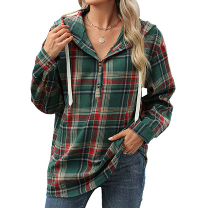 Women’s Plaid Hooded Sweatshirt: Buttoned, Loose Fit, Long Sleeve, Casual Sport Top