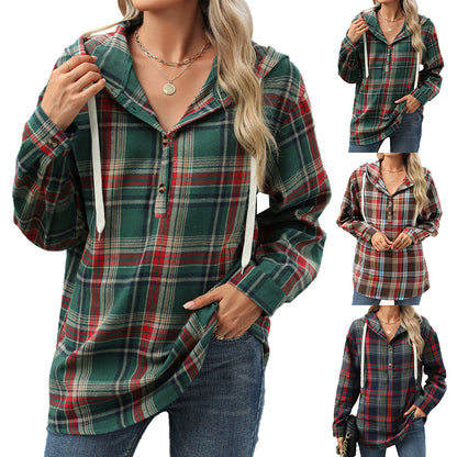 Women’s Plaid Hooded Sweatshirt: Buttoned, Loose Fit, Long Sleeve, Casual Sport Top