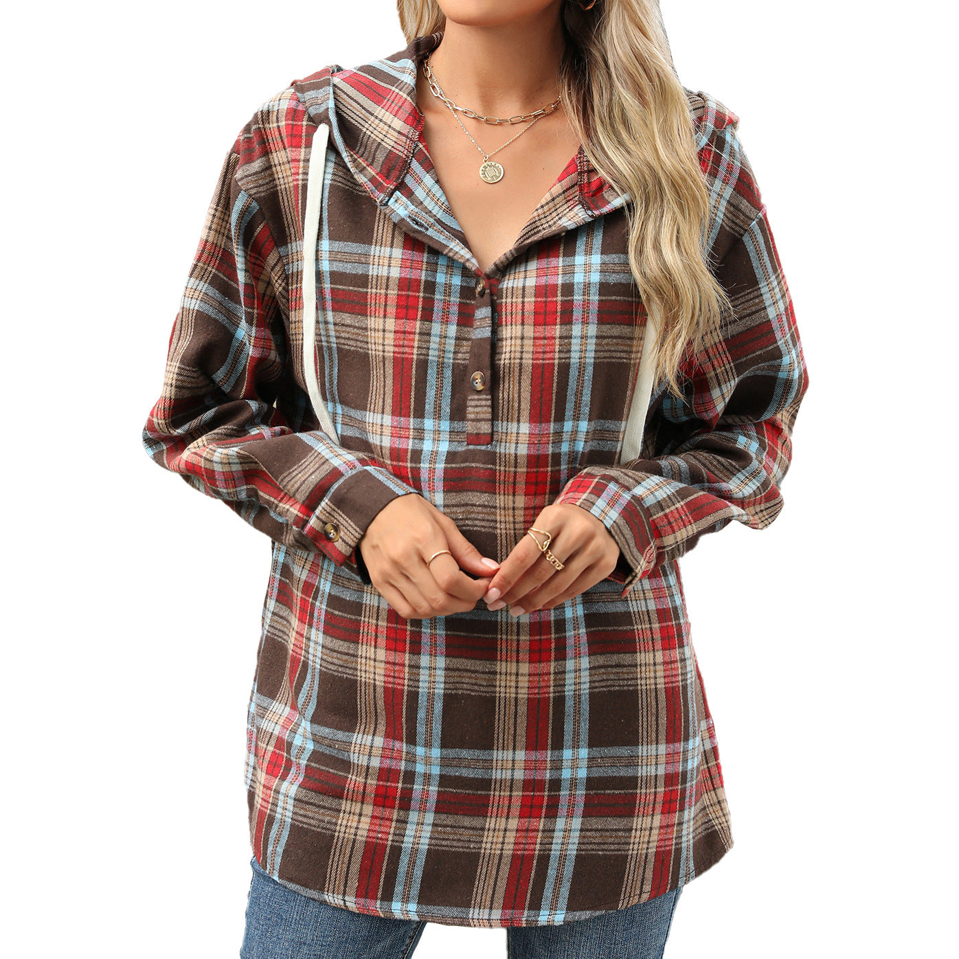 Women’s Plaid Hooded Sweatshirt: Buttoned, Loose Fit, Long Sleeve, Casual Sport Top