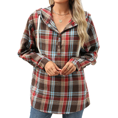 Women’s Plaid Hooded Sweatshirt: Buttoned, Loose Fit, Long Sleeve, Casual Sport Top