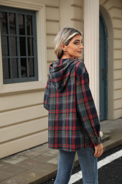 Women’s Plaid Hooded Sweatshirt: Buttoned, Loose Fit, Long Sleeve, Casual Sport Top