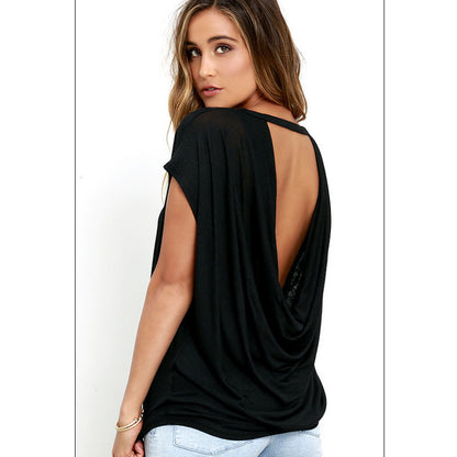 Womens Solid-color Backless T-shirt