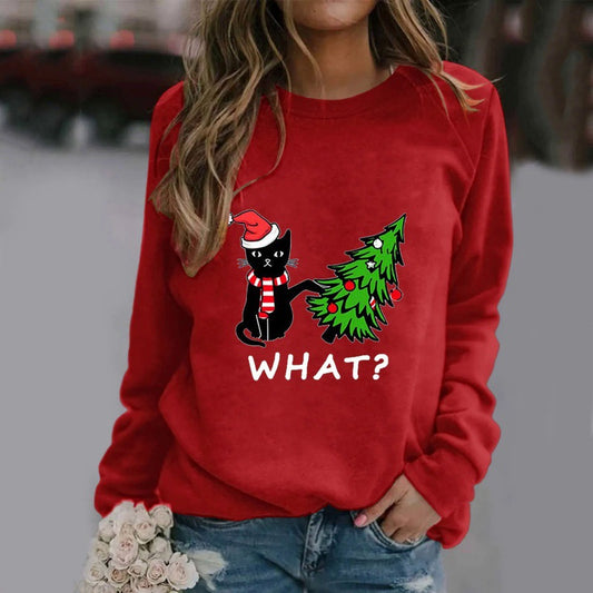 Christmas Womens T-Shirt Ugly Cat Long-sleeved