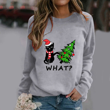 Christmas Womens T-Shirt Ugly Cat Long-sleeved