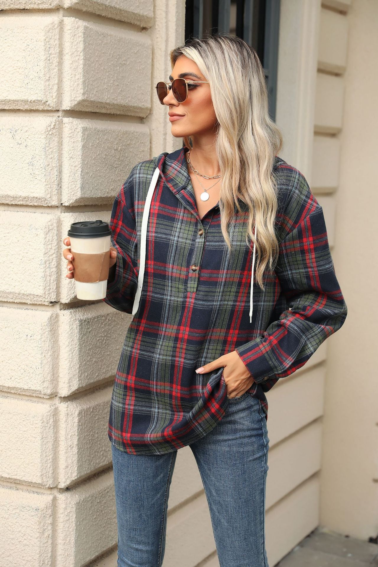 Women’s Plaid Hooded Sweatshirt: Buttoned, Loose Fit, Long Sleeve, Casual Sport Top