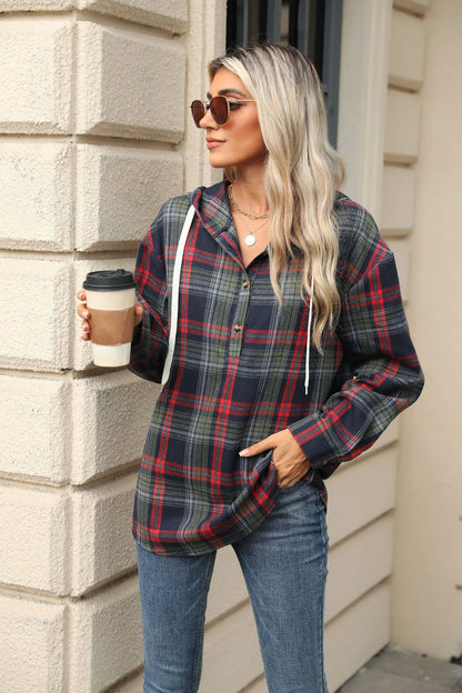 Women’s Plaid Hooded Sweatshirt: Buttoned, Loose Fit, Long Sleeve, Casual Sport Top