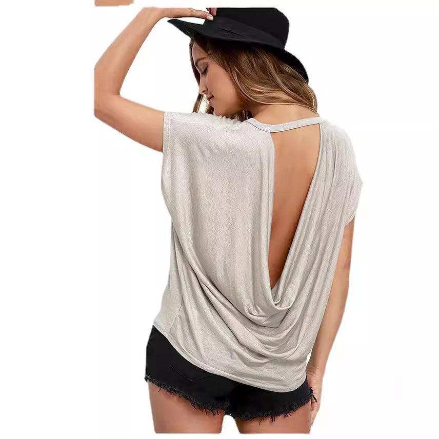 Womens Solid-color Backless T-shirt