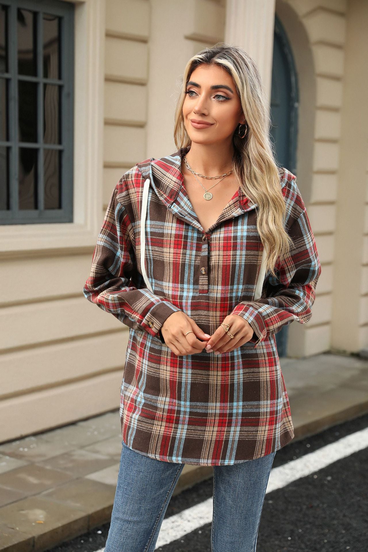 Women’s Plaid Hooded Sweatshirt: Buttoned, Loose Fit, Long Sleeve, Casual Sport Top