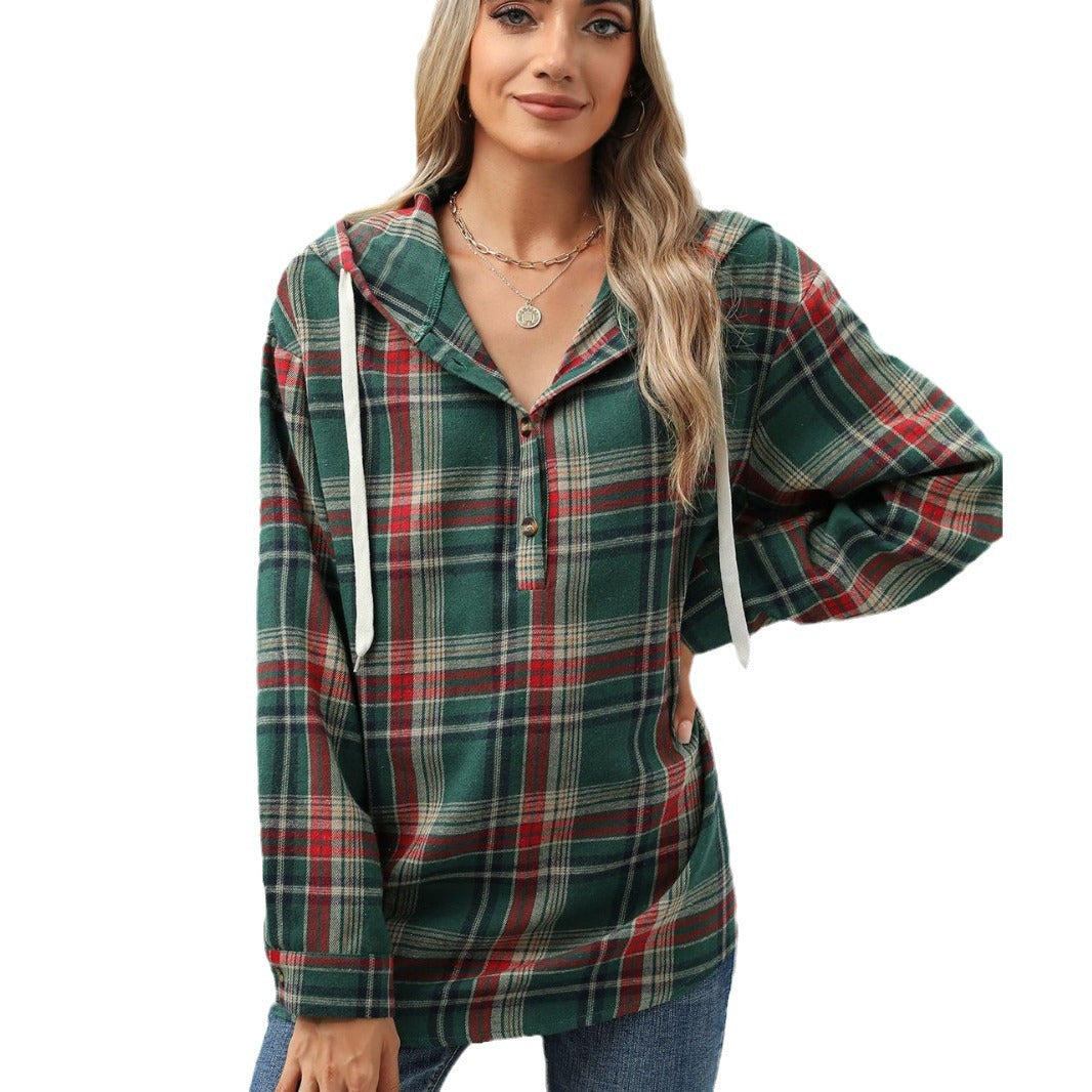 Women’s Plaid Hooded Sweatshirt: Buttoned, Loose Fit, Long Sleeve, Casual Sport Top