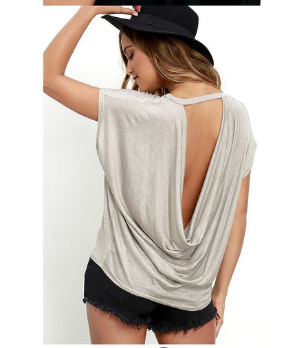 Womens Solid-color Backless T-shirt