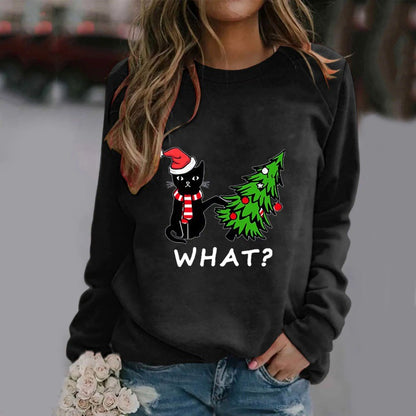 Christmas Womens T-Shirt Ugly Cat Long-sleeved