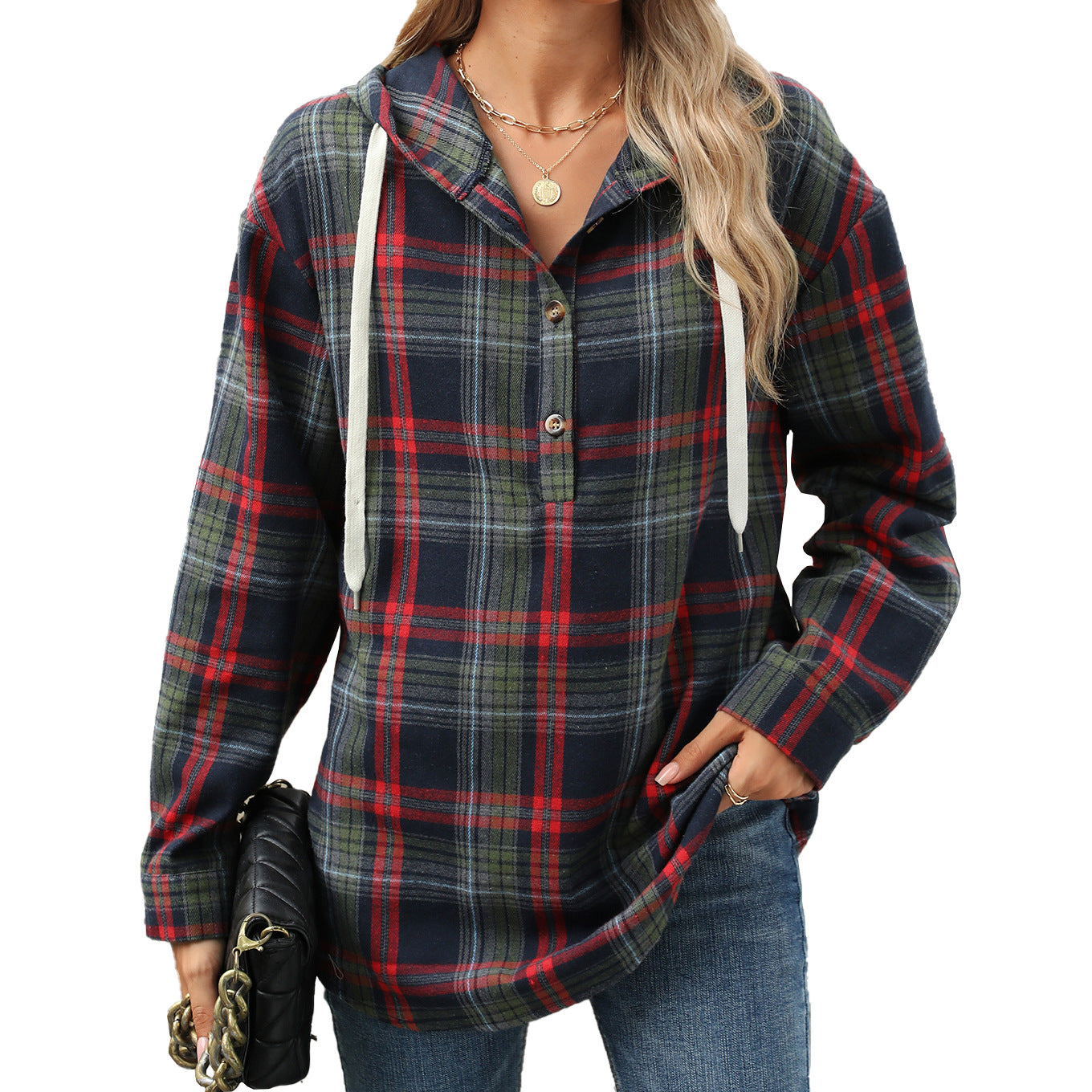 Women’s Plaid Hooded Sweatshirt: Buttoned, Loose Fit, Long Sleeve, Casual Sport Top