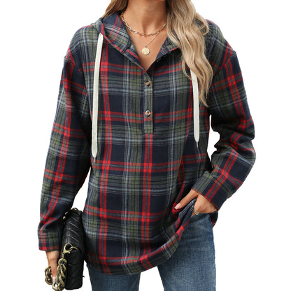 Women’s Plaid Hooded Sweatshirt: Buttoned, Loose Fit, Long Sleeve, Casual Sport Top